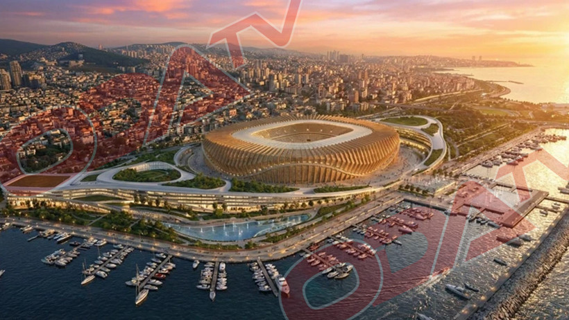 Deniz kıyısında konumlanan büyük ve modern bir stadyum konsept görseli.