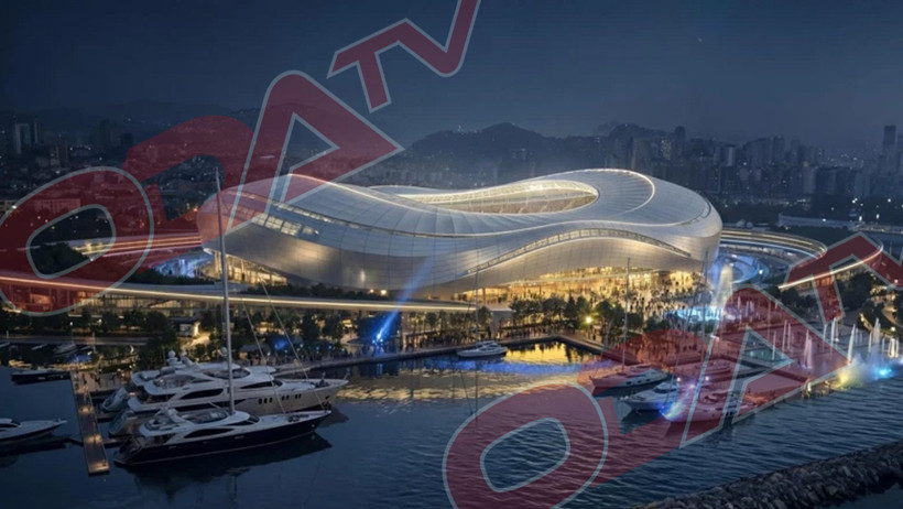 Gece ışıklandırılmış, deniz kenarında yer alan modern stadyum konsepti.