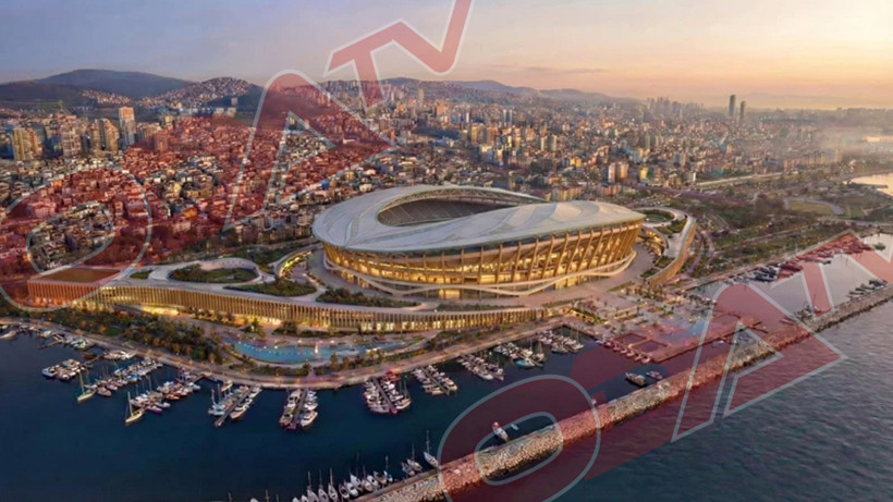 Gün batımında kent ve deniz manzarası içinde büyük stadyum konsept çizimi.