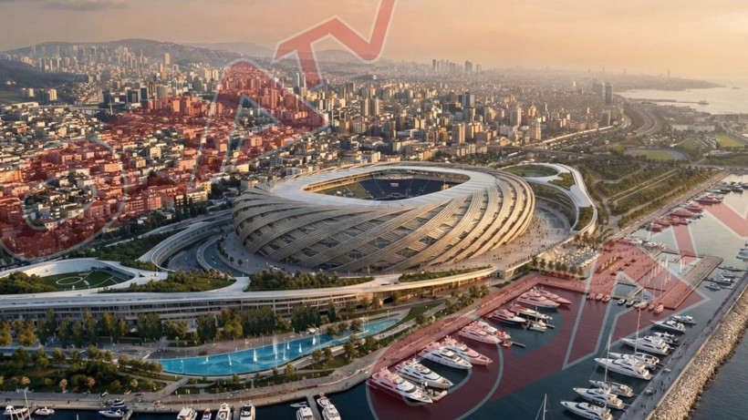 Kıyı hattı, marina ve kent dokusu içinde konumlandırılmış modern stadyum görseli.