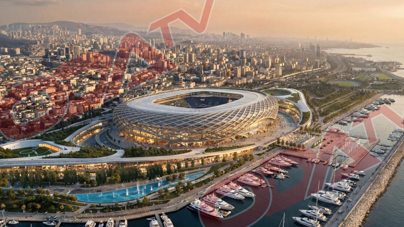 Şehir silüeti ve marina yanında yer alan geniş çatılı stadyum konsept görseli.