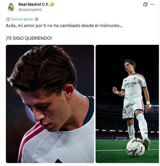 Capture d'écran de la publication du Real Madrid sur les réseaux sociaux pour Arda Güler.