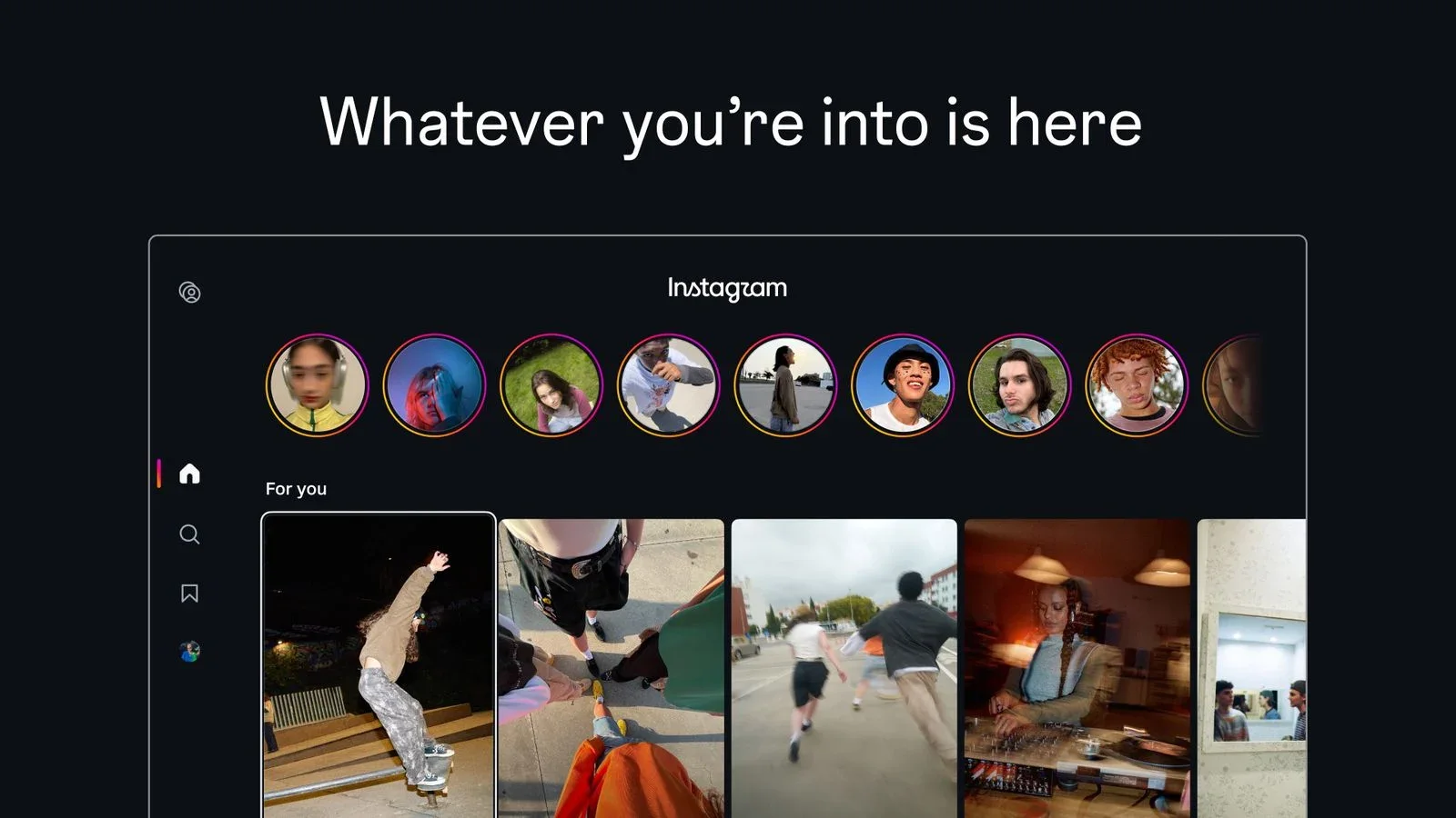 Instagram’ın Apple TV arayüzünde içerik akışı ve profil simgelerini gösteren ekran görüntüsü.
