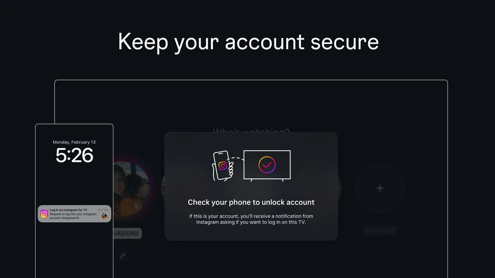 Instagram Apple TV uygulamasında hesap güvenliği ve telefon doğrulaması ekranını gösteren görsel.