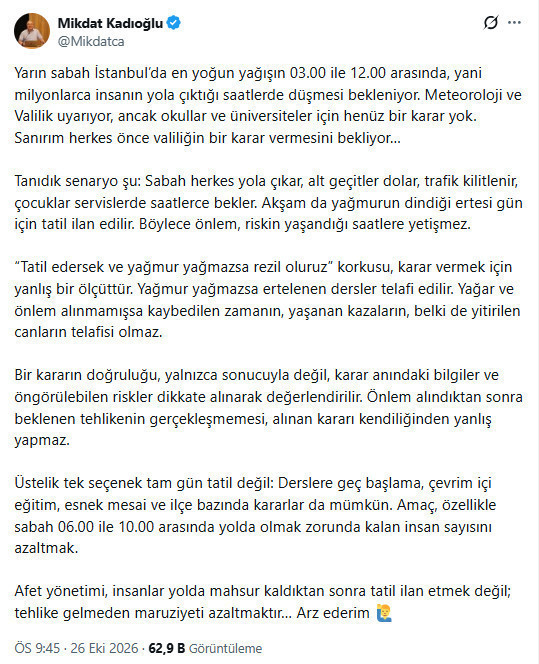 Mikdat Kadıoğlu’nun İstanbul’daki yağış uyarısına ilişkin sosyal medya paylaşımı.