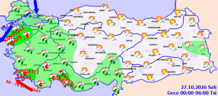 27 Ekim 2026 gece saatlerine ilişkin Türkiye hava durumu haritası.