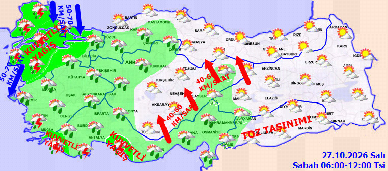 27 Ekim 2026 sabah saatlerine ilişkin Türkiye hava durumu haritası.