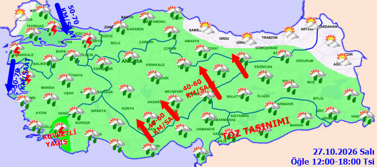 27 Ekim 2026 öğle saatlerine ilişkin Türkiye hava durumu haritası.