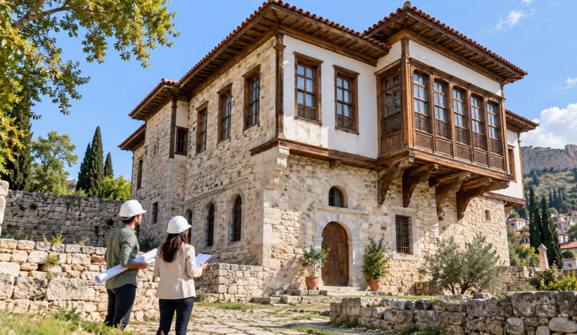 Tarihi bir yapının önünde inceleme yapan iki görevli görülüyor.
