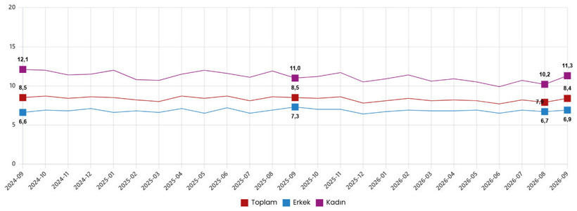 Toplam, erkek ve kadın işsizlik oranlarının aylara göre seyrini gösteren grafik.