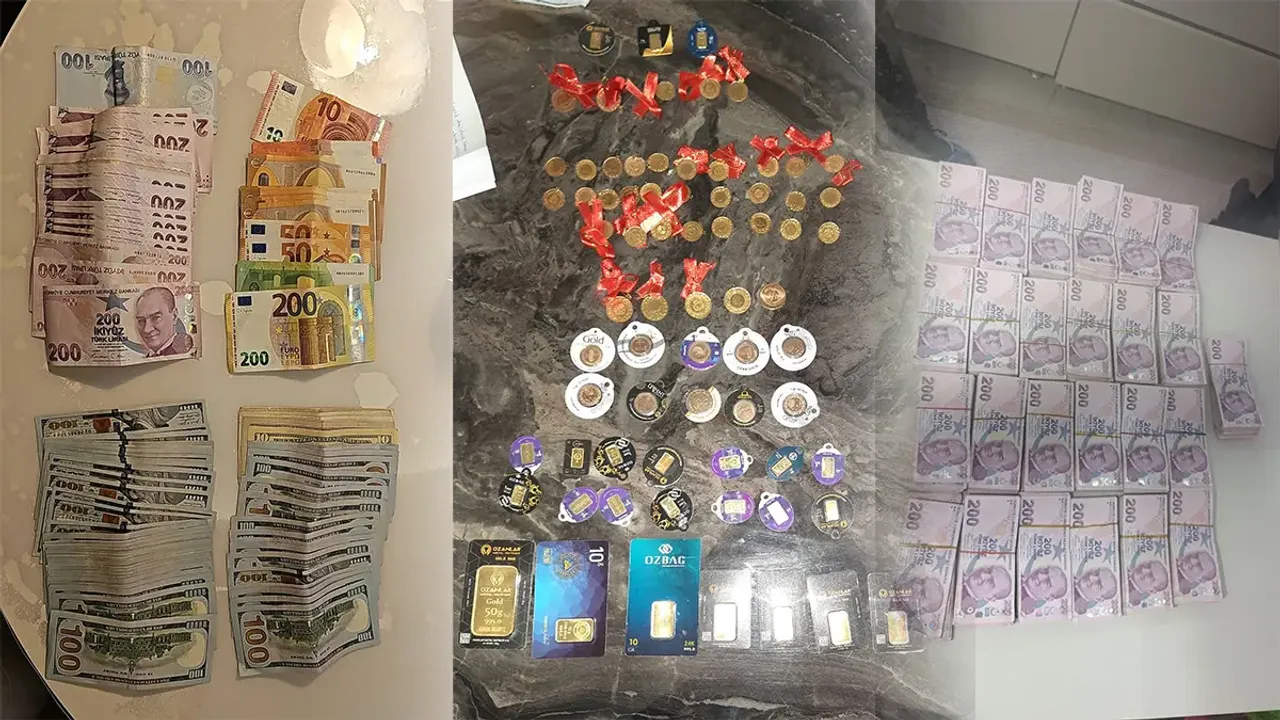 Operasyonda ele geçirilen Türk lirası, döviz ve altınların yer aldığı görüntü.