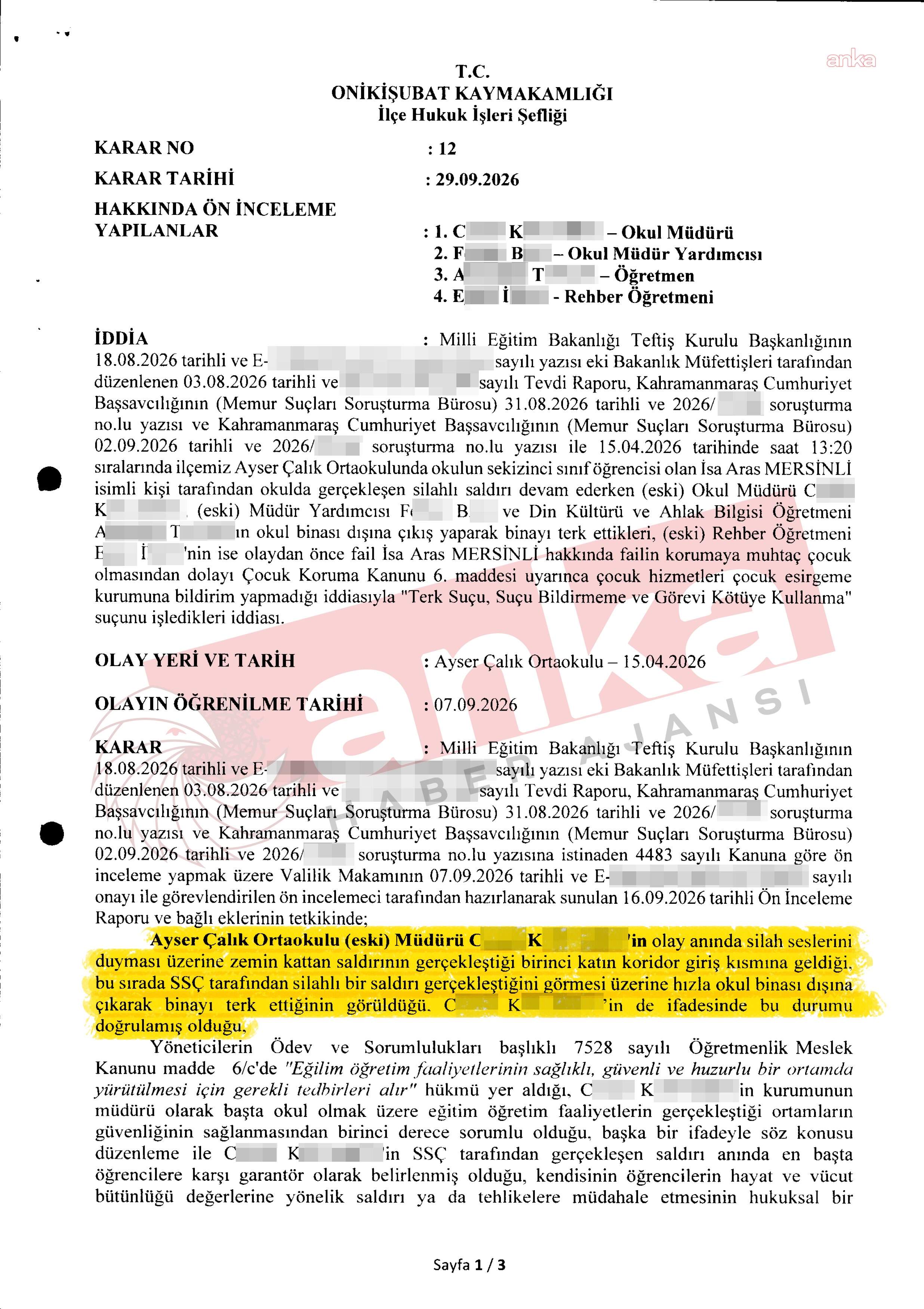 Soruşturma izni kararının ilk sayfasında olay yeri, tarih ve hakkında ön inceleme yapılan kişilere ilişkin bölümler görülüyor.