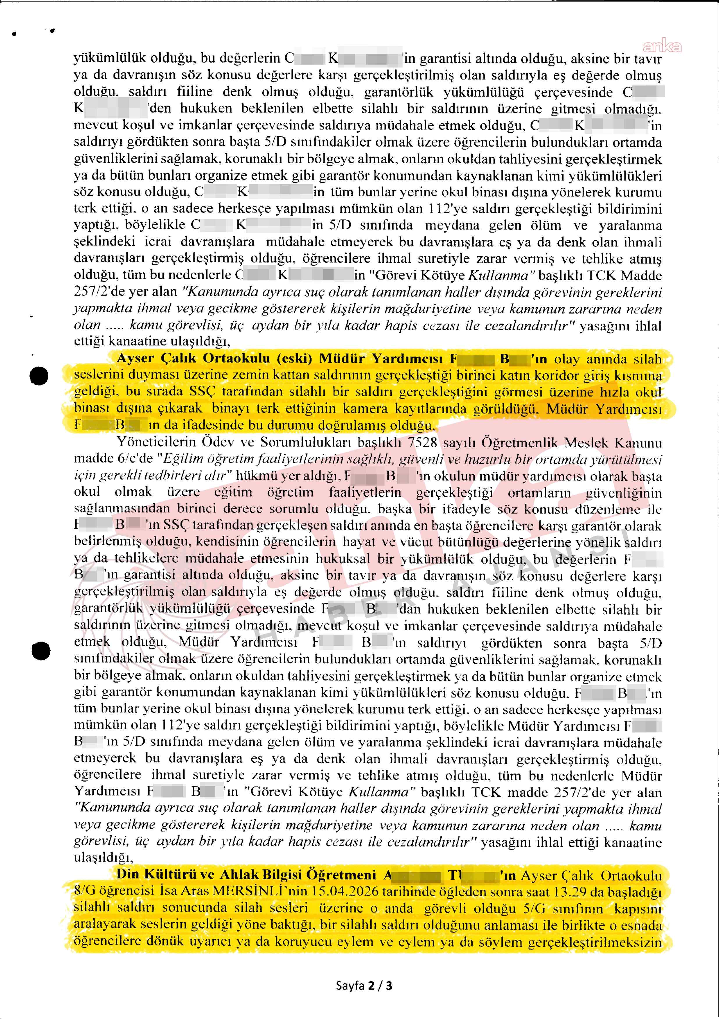 Soruşturma izni kararının ikinci sayfasında bazı bölümlerin sarı renkle işaretlendiği görülüyor.