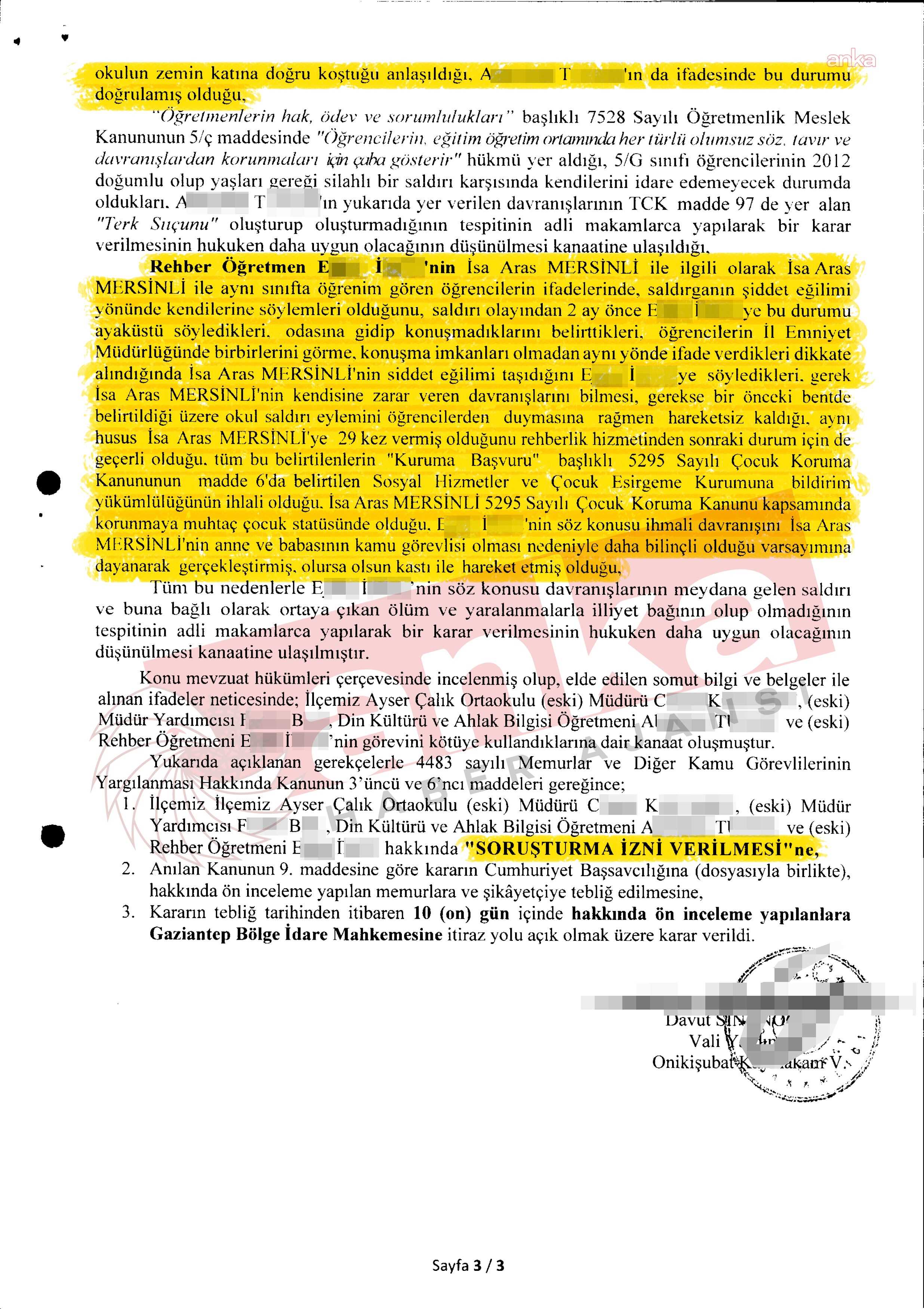 Soruşturma izni kararının üçüncü sayfasında rehber öğretmenle ilgili tespitler ve soruşturma izni bölümü görülüyor.