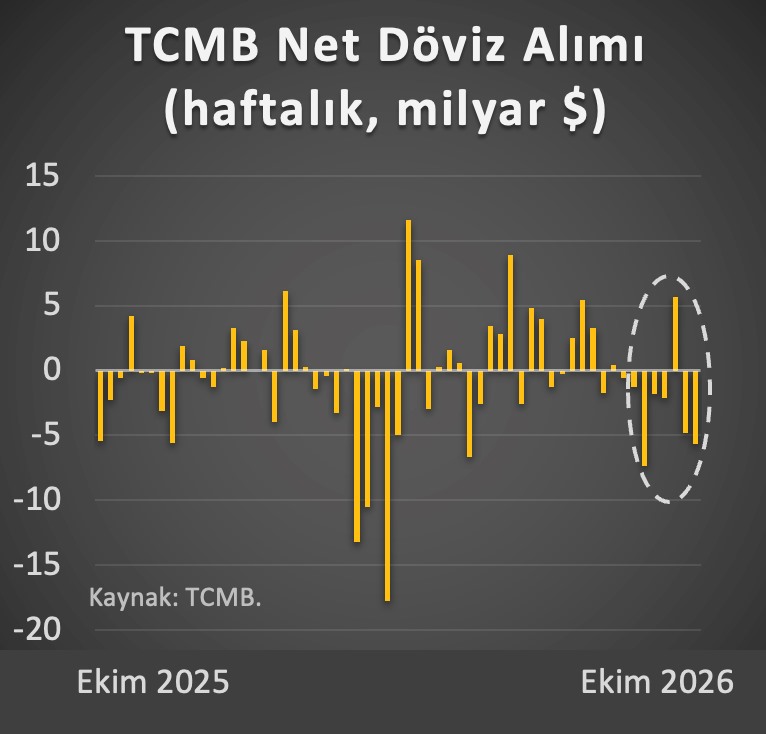 TCMB net döviz alımını haftalık milyar dolar bazında gösteren grafik.