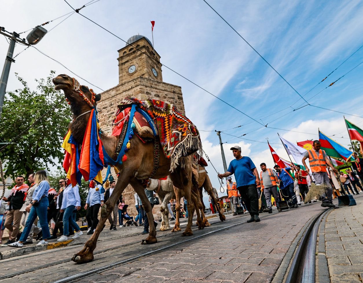 Camels passing in front of the clock tower in Antalya and a festival cortege are seen.