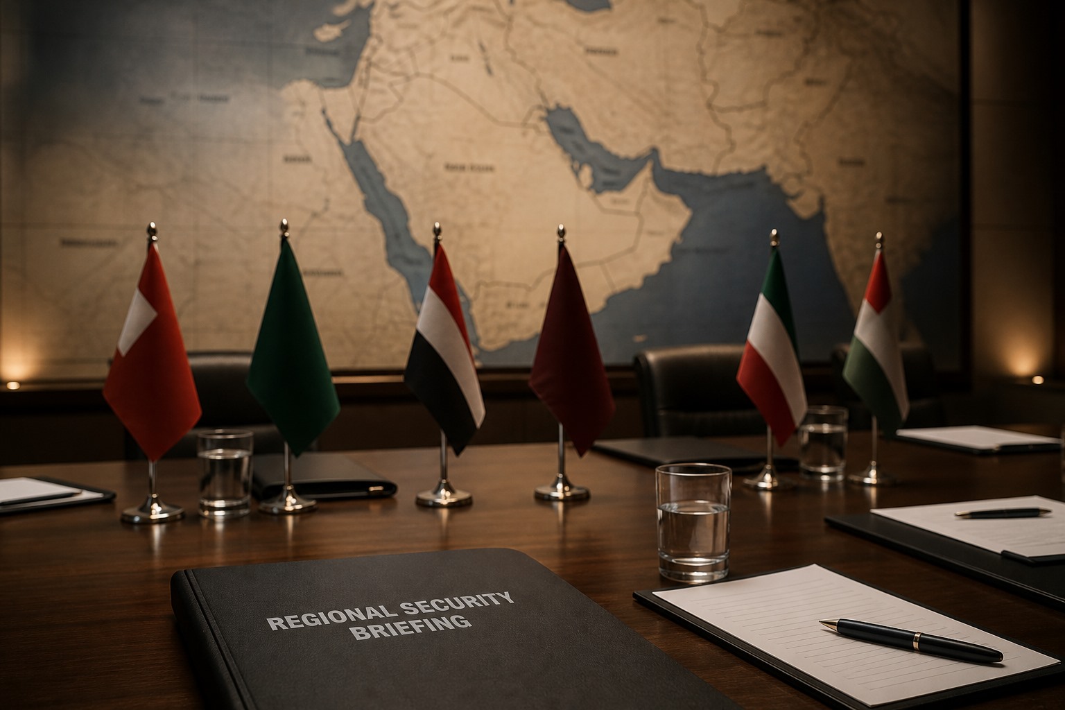 Symbolic meeting image reflecting the theme of defense diplomacy and conflict risk in the Middle East.