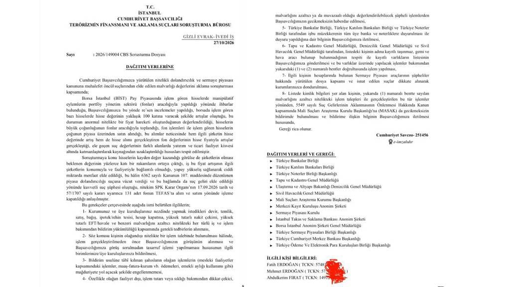 Immagine della richiesta ufficiale dell'Ufficio investigativo per i reati di finanziamento al terrorismo e riciclaggio della Procura della Repubblica di Istanbul.