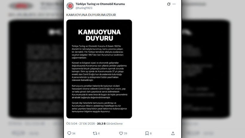 Türkiye Turing ve Otomobil Kurumu’nun sosyal medya hesabından paylaşılan kamuoyu duyurusu ekran görüntüsü.