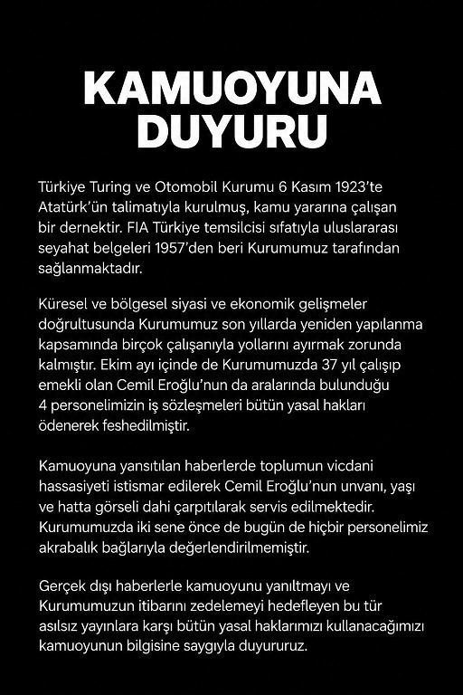 Communiqué public publié par la Türkiye Turing ve Otomobil Kurumu avec des lettres blanches sur fond noir.