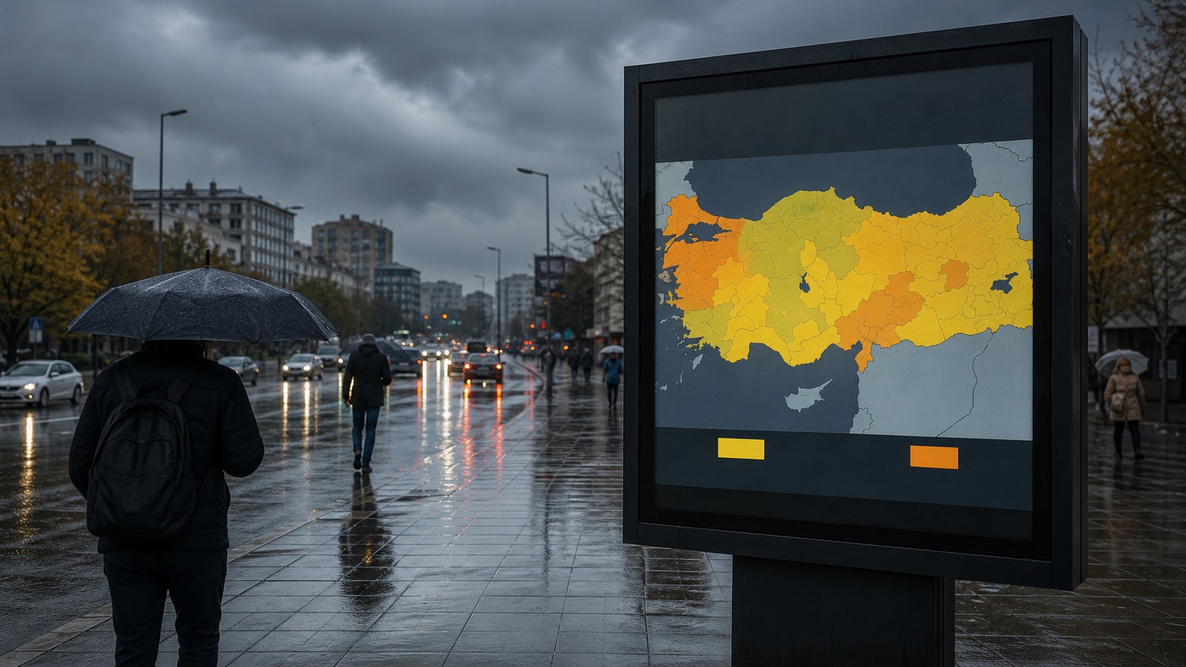 Yağmurlu bir kentte sarı ve turuncu hava uyarılarını temsil eden haber görseli.