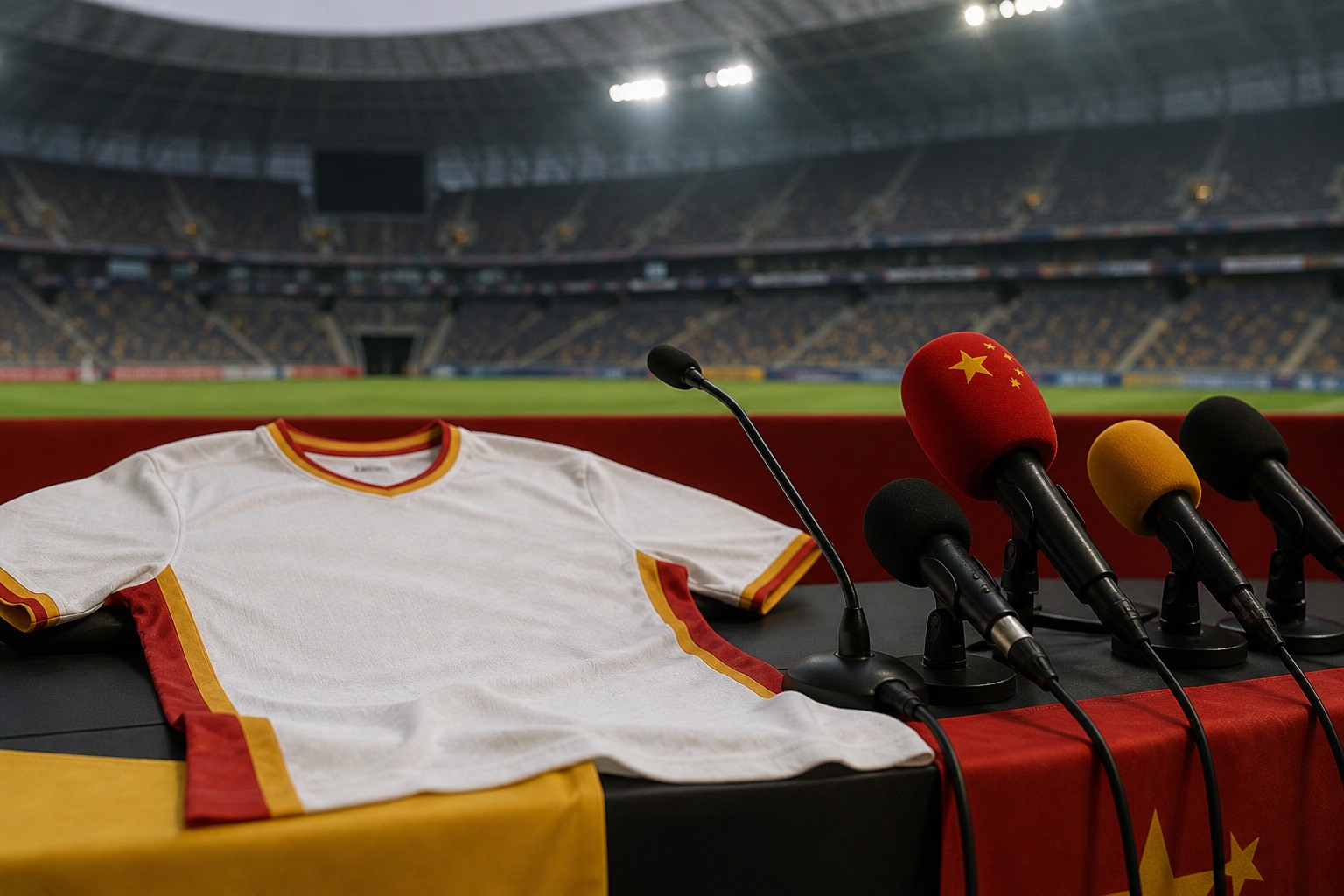 Uluslararası futbol krizini simgeleyen, mikrofonlar ve logosuz forma bulunan temsili basın alanı görseli.