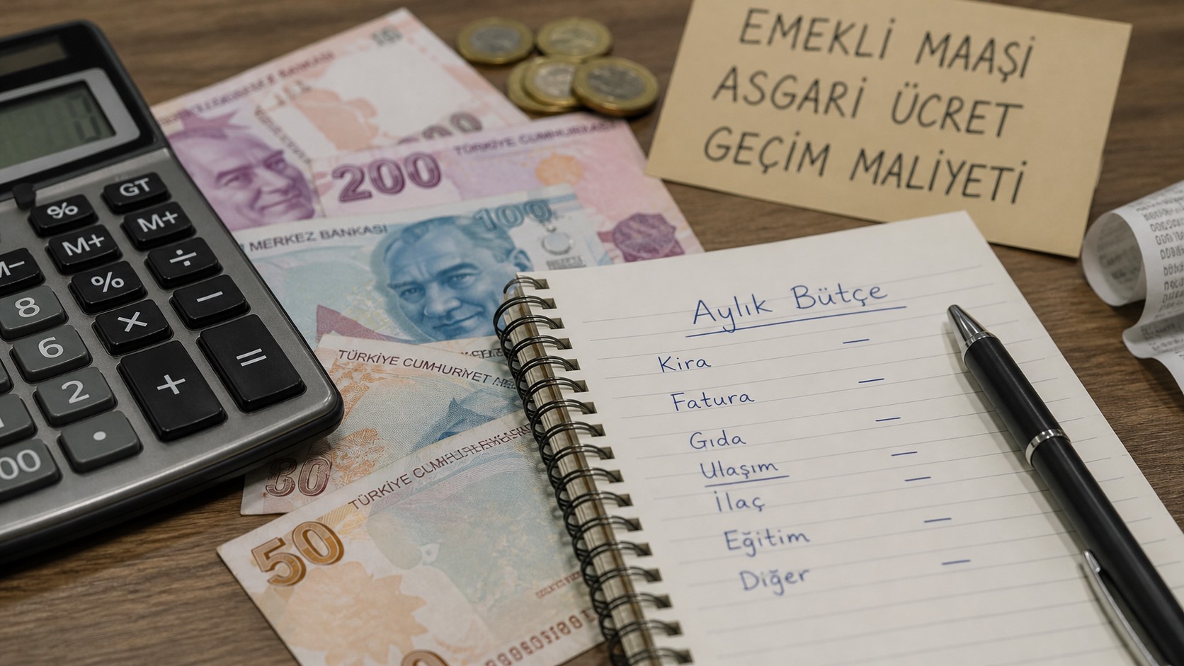 Emekli maaşı ve hane bütçesi hesabını simgeleyen Türk lirası, hesap makinesi ve not defteri görseli.