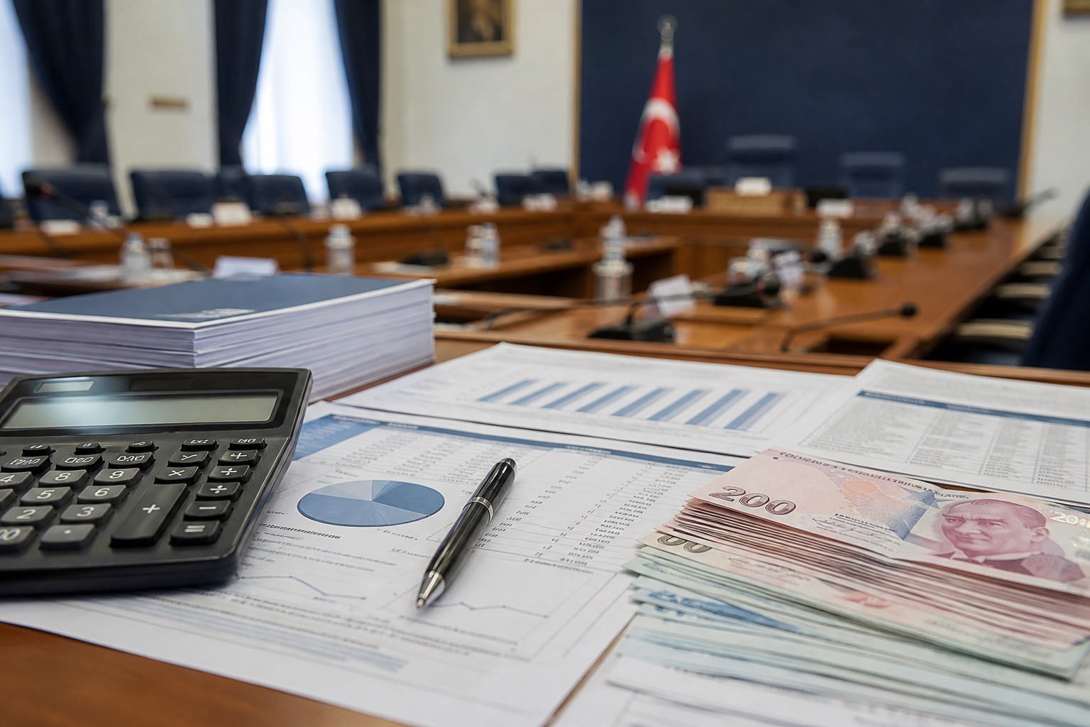 Representative news image prepared with budget documents, a calculator, and Turkish Lira banknotes.