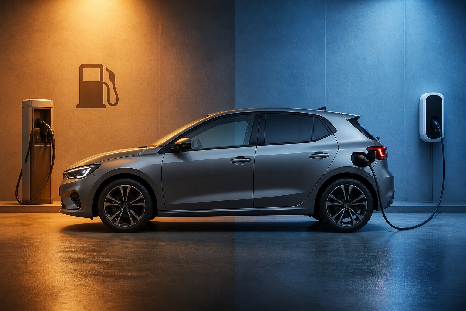 İçten yanmalı ve elektrikli seçenekleri simgeleyen temsili kompakt hatchback görseli.