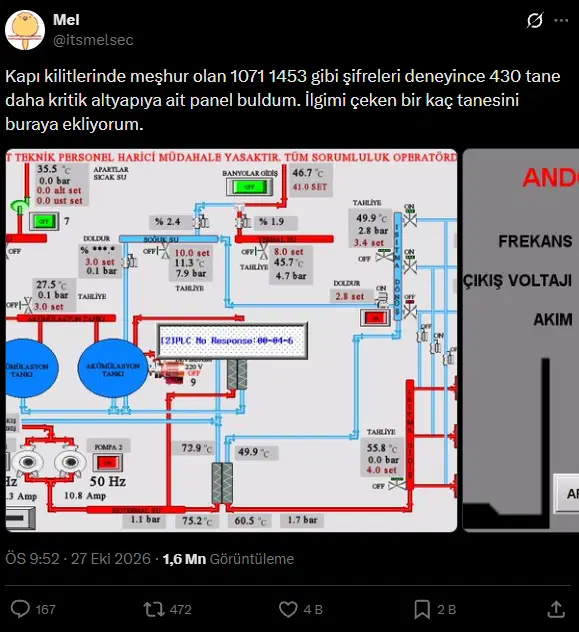 Sosyal medya paylaşımında endüstriyel kontrol paneli ekran görüntüleri ve 430 panele ilişkin erişim iddiası görülüyor.