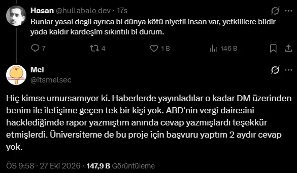 Sosyal medya ekran görüntüsünde araştırmacının kurumlarla iletişim kurulmadığına ilişkin paylaşımı yer alıyor.