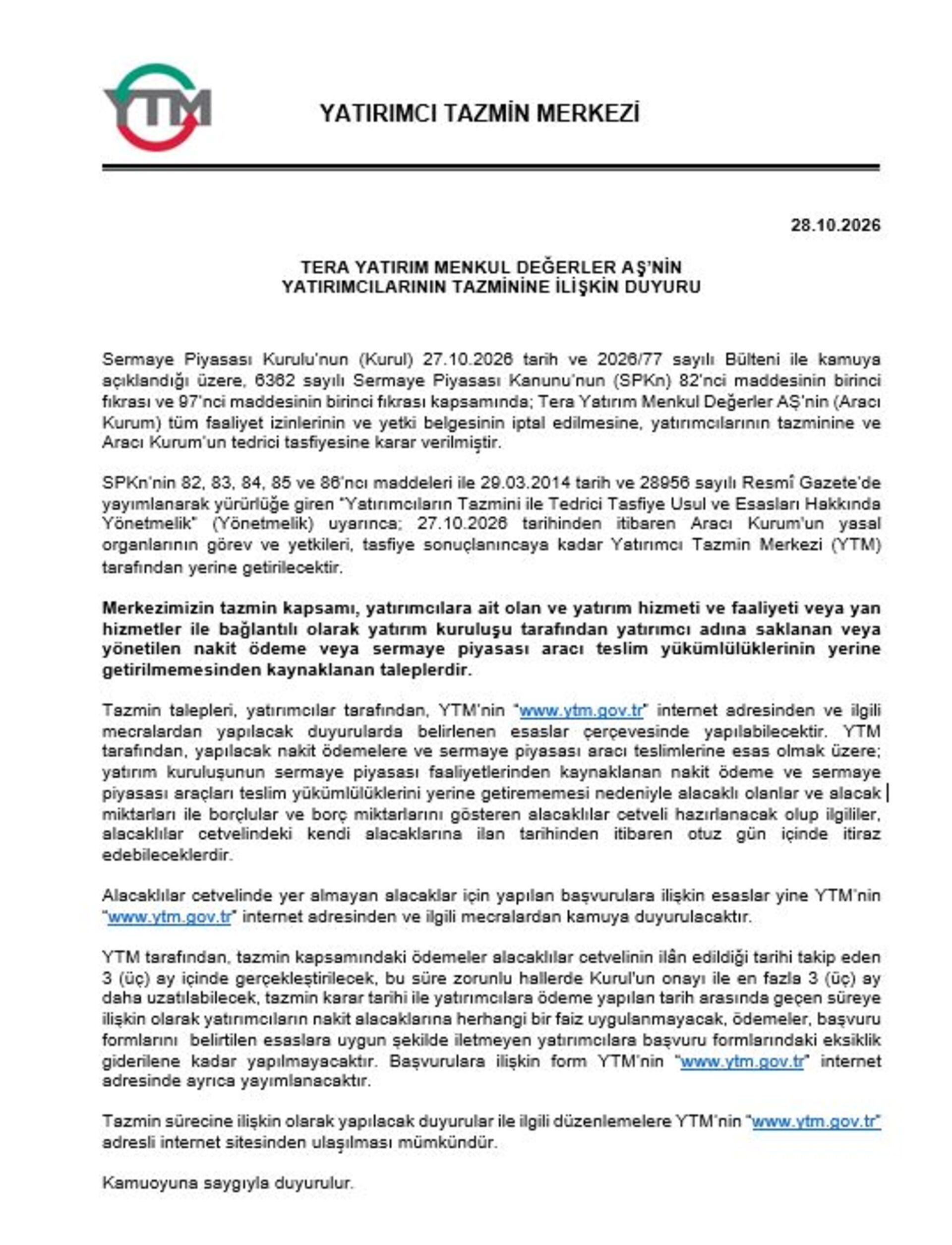 Immagine dell'avviso di Tera Yatırım pubblicato dal Centro di Indennizzo degli Investitori.