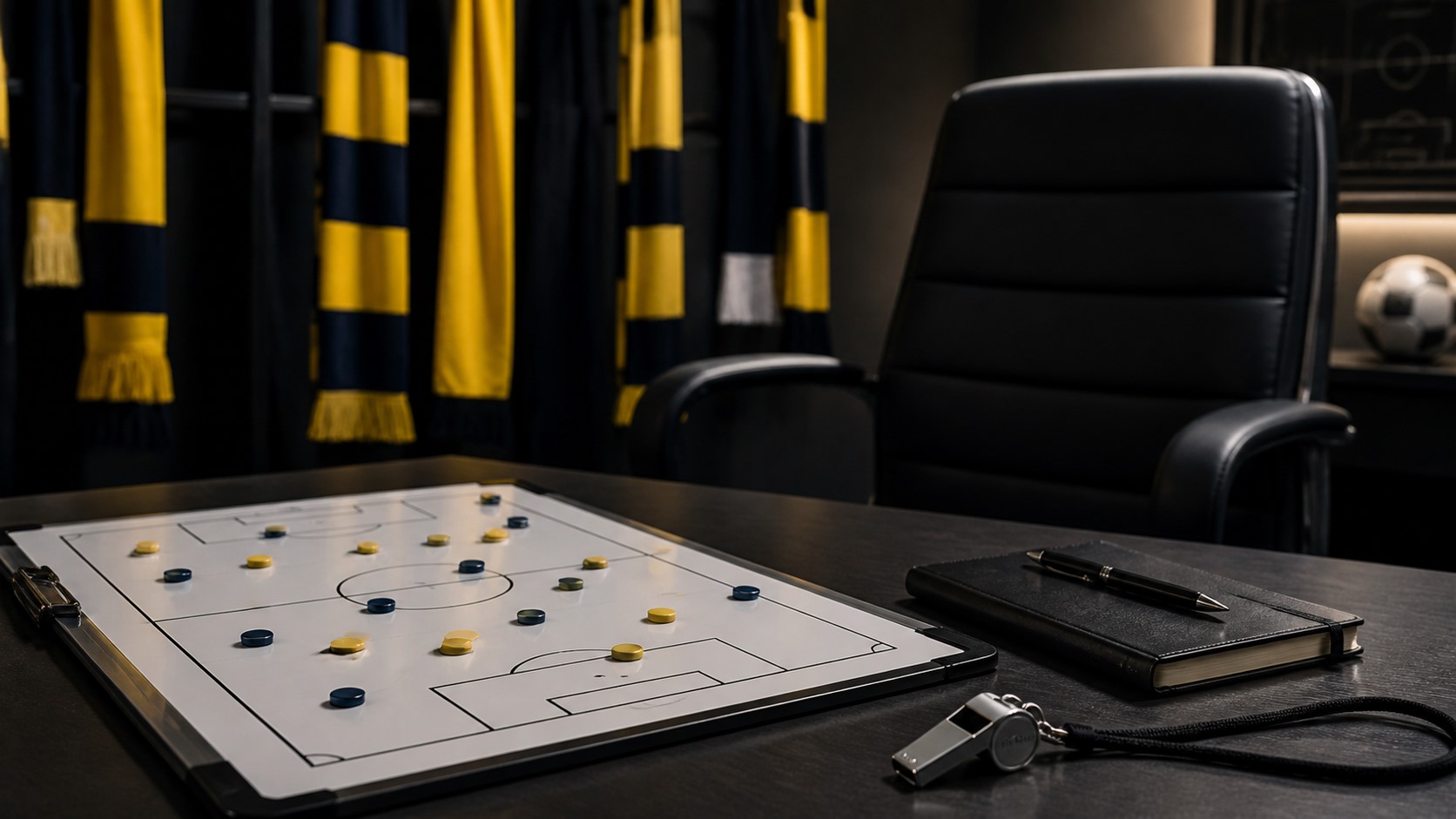 A tactical board, an empty chair, and football equipment symbolizing the search for a head coach.