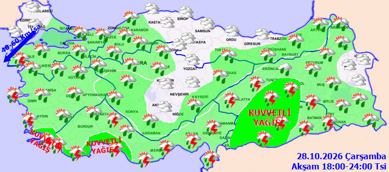 28 Ekim Çarşamba 18.00-24.00 saatleri arasına ilişkin Türkiye geneli yağış tahmin haritası.