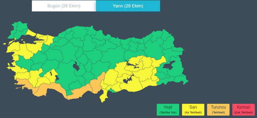 Türkiye haritasında sarı ve turuncu uyarı verilen illeri gösteren meteorolojik alarm haritası.