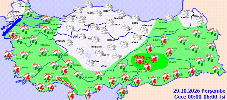 29 Ekim Perşembe 00.00-06.00 saatleri arasındaki yağış ve hava durumu tahmin haritası.