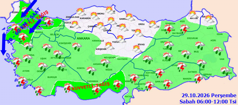 29 Ekim Perşembe 06.00-12.00 saatleri arasında beklenen yağış alanlarını gösteren harita.