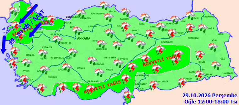 29 Ekim Perşembe 12.00-18.00 saatleri arasına ilişkin Türkiye geneli hava durumu haritası.