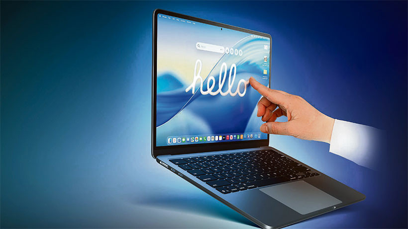 Ekranına dokunulan bir MacBook Pro konsept görseli.