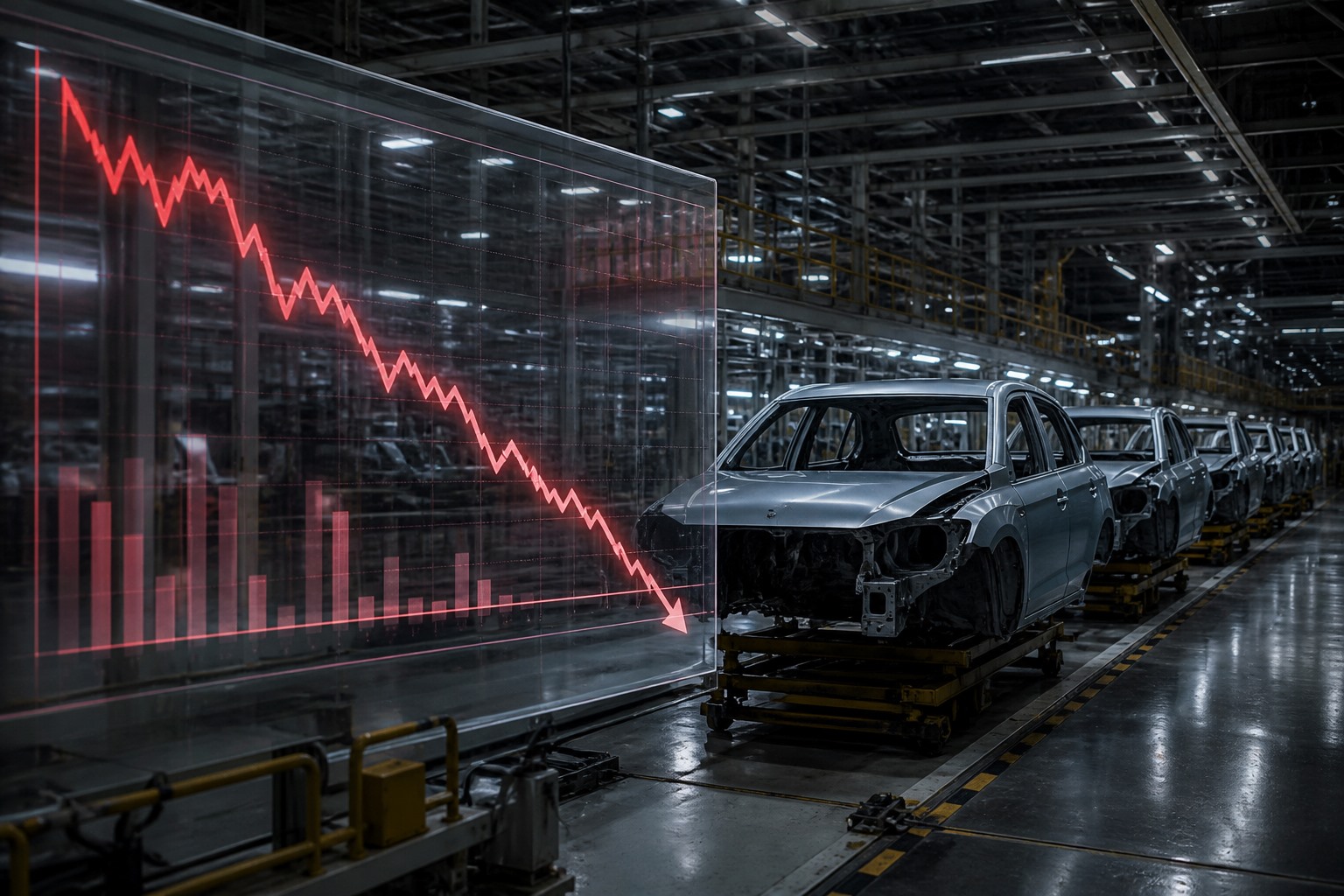 Modern bir otomotiv fabrikasında düşüş grafiğiyle simgelenen mali baskı görseli.