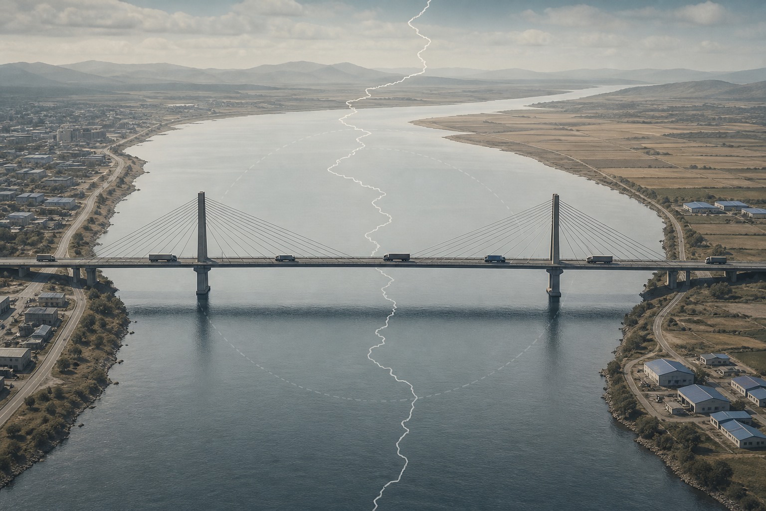 Yalu Nehri üzerinde iki yakayı bağlayan modern bir köprü ve kamyon geçişlerini simgeleyen illüstratif görsel.