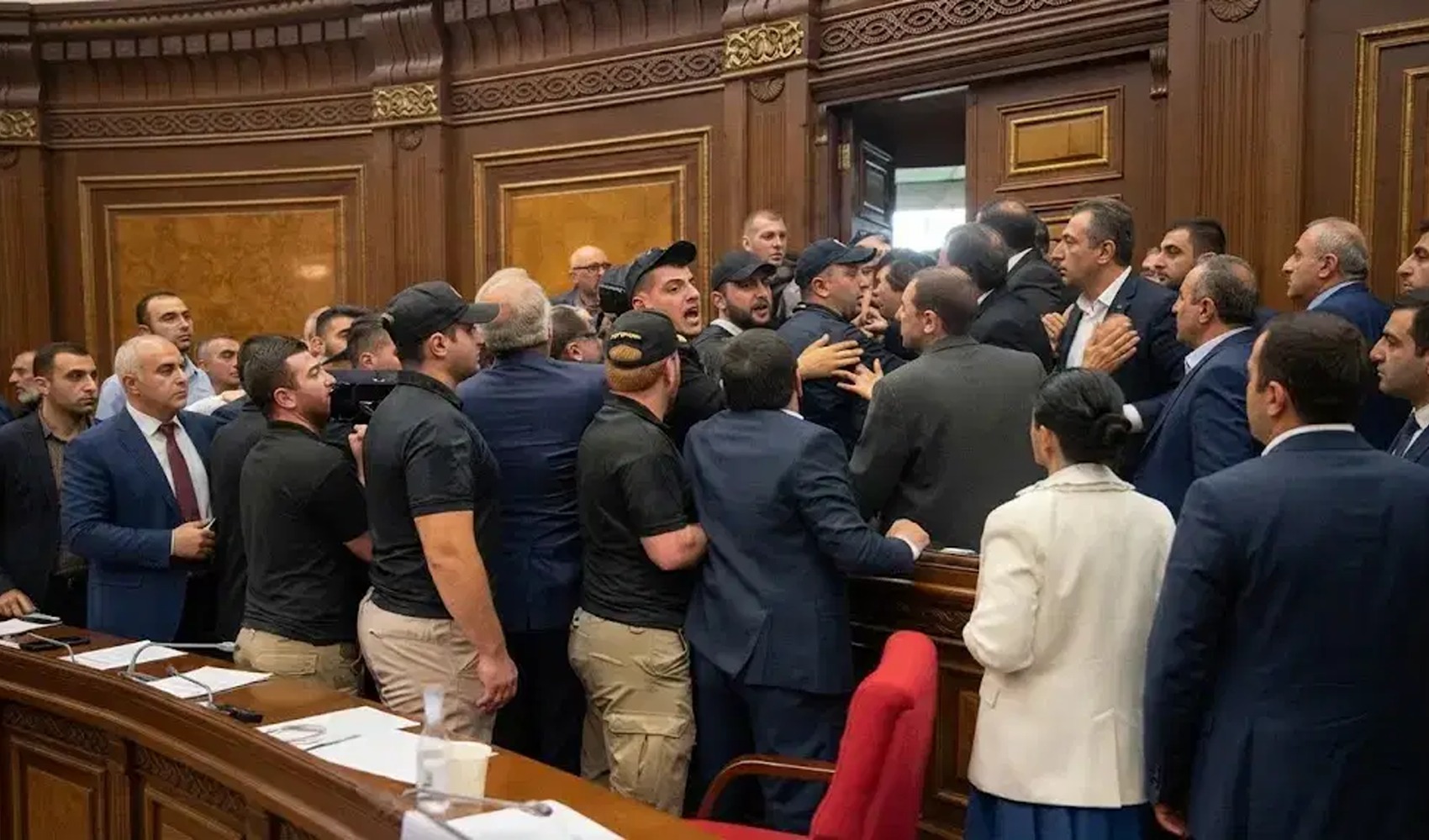Parliament in chaos: Scuffle breaks out between ruling and opposition lawmakers