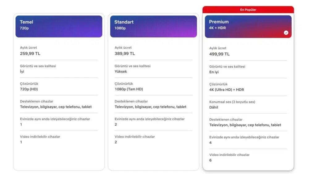 Netflix Türkiye abonelik paketlerinin yeni fiyatlarını gösteren ekran görüntüsü.