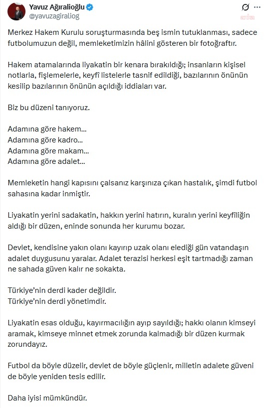 Il post sui social media contenente la dichiarazione di Yavuz Ağıraloğlu sull'inchiesta del Comitato Centrale degli Arbitri.