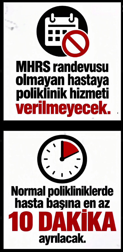 MHRS randevusu olmayan hastalara poliklinik hizmeti verilmeyeceğini ve normal polikliniklerde hasta başına en az 10 dakika ayrılacağını belirten sendika görseli.