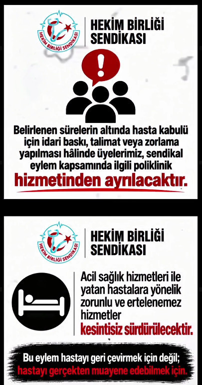 Hekim Birliği Sendikası'nın poliklinik hizmetinden ayrılma ve acil hizmetlerin sürdürülmesine ilişkin açıklamalarını içeren görsel.