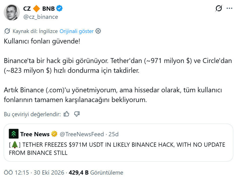Changpeng Zhao’nun Binance iddiasına ilişkin sosyal medya paylaşımının ekran görüntüsü