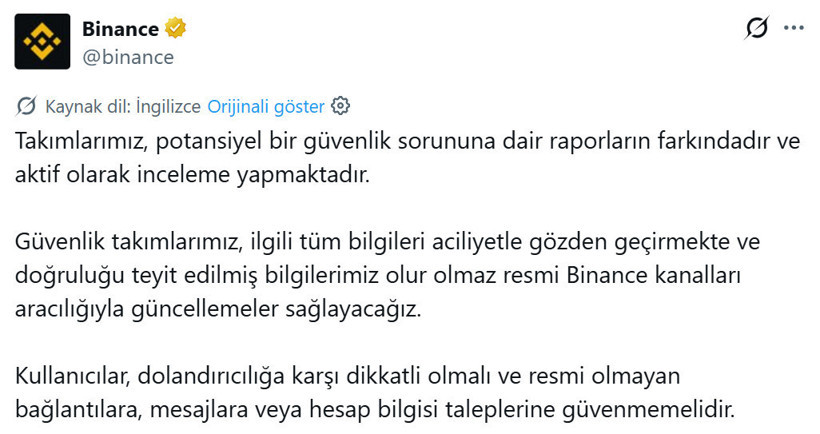 Binance’in olası güvenlik sorununa ilişkin sosyal medya açıklamasının ekran görüntüsü