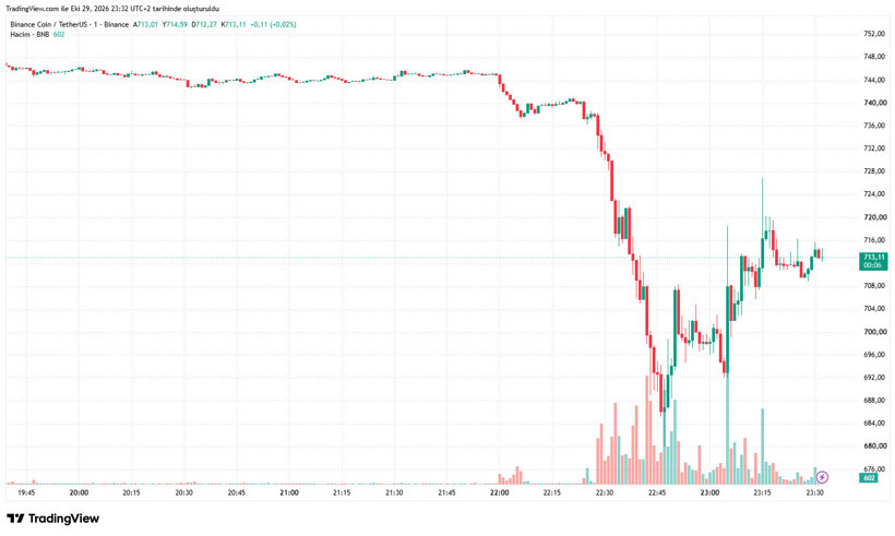 BNB/USDT paritesinde sert düşüşü gösteren piyasa grafiği