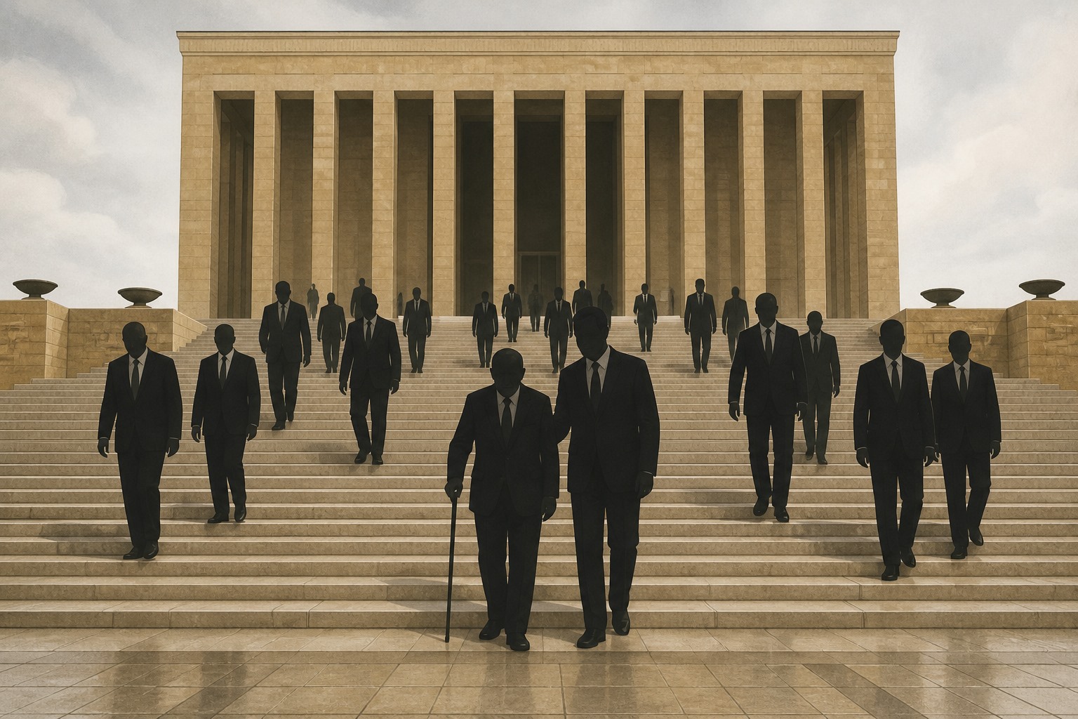 Anıtkabir’de resmi tören sonrası siyasi nezaket tartışmasını simgeleyen editoryal illüstrasyon.